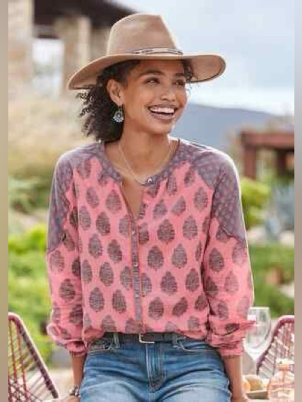 Sundance Stories To Be Told Blouse Large Pink Floral Boho Peasant Cotton Top